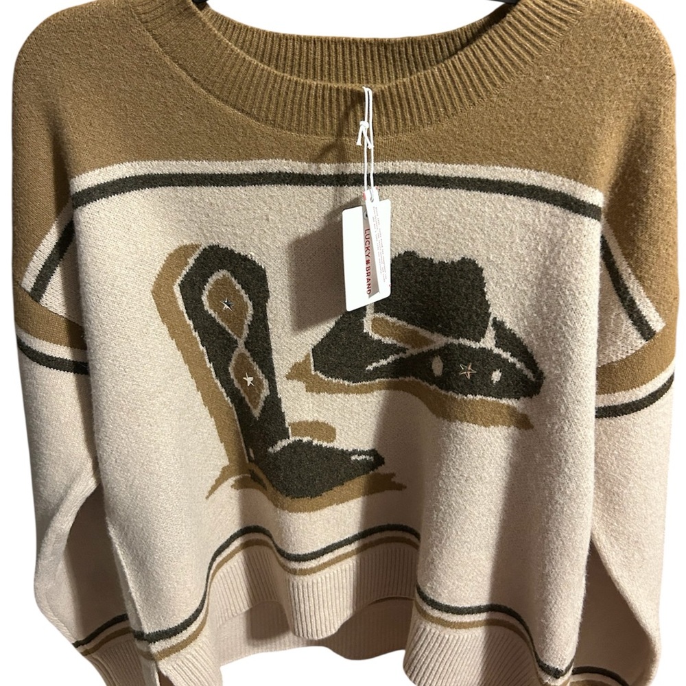 Lucky Brand Cowboy Boot and Hat Sweater - Tan and Cream